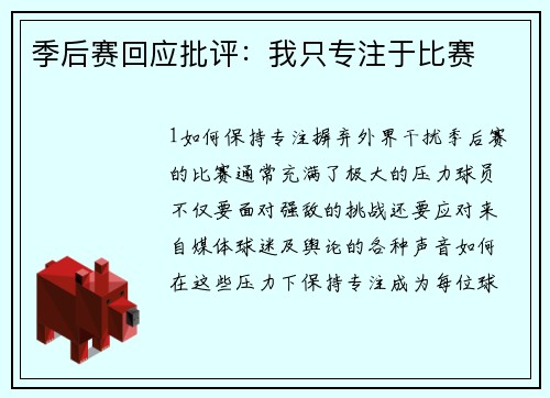 季后赛回应批评：我只专注于比赛